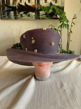 Chic Brown Wide Brim Hat With Gold Sequined Floral Accents